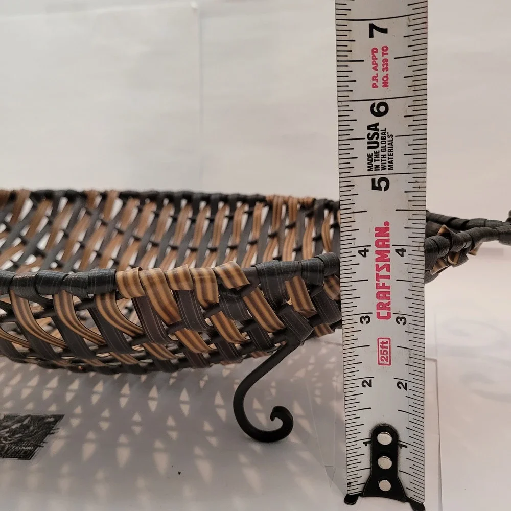 Unbranded Woven Metal Footed Basket Home Decor Brown‎ Black Scroll Handles